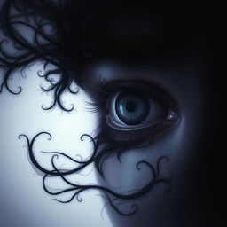 A surreal and artistic representation of a human eye with a dark shadow emanating from it