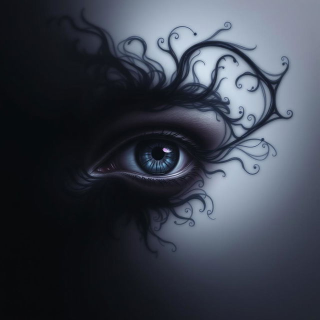 A surreal and artistic representation of a human eye with a dark shadow emanating from it