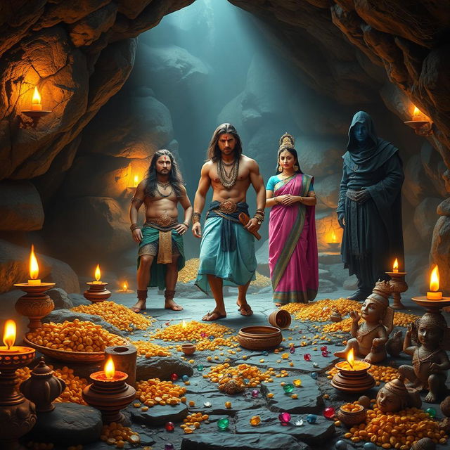 A wide shot of a stony cave illuminated by oil lamps, featuring a muscular Indian warrior man with long flowing brown hair, fair skin, and a red tilak on his forehead