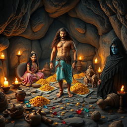 A wide shot of a stony cave illuminated by oil lamps, featuring a muscular Indian warrior man with long flowing brown hair, fair skin, and a red tilak on his forehead