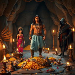 A wide shot of a stony cave illuminated by oil lamps, featuring a muscular Indian warrior man with long flowing brown hair, fair skin, and a red tilak on his forehead