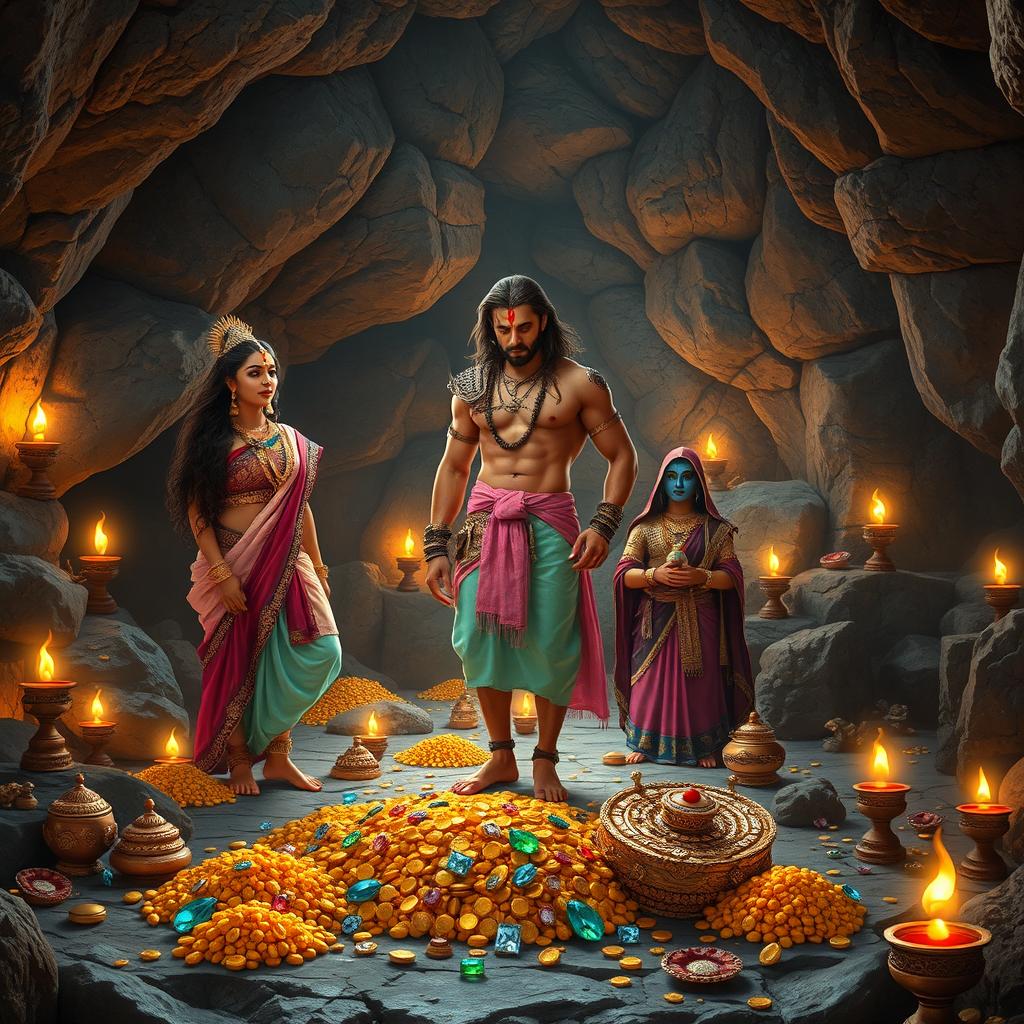 A wide shot of a stony cave illuminated by oil lamps, featuring a muscular Indian warrior man with long flowing brown hair, fair skin, and a red tilak on his forehead