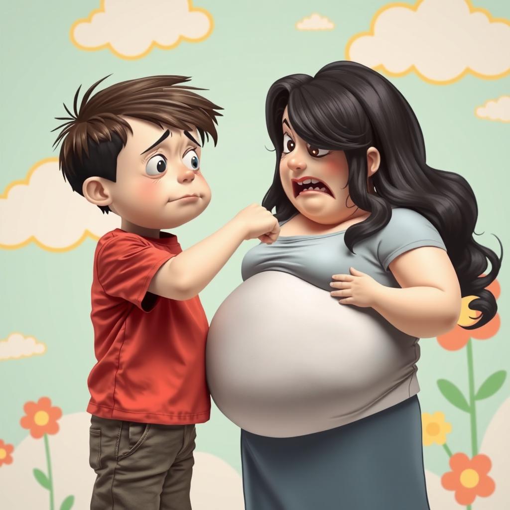 A dramatic scene depicting a thin boy, around 12 years old, with a distressed expression, playfully punching his fat mother's belly