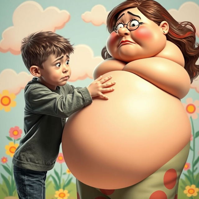 A dramatic scene depicting a thin boy, around 12 years old, with a distressed expression, playfully punching his fat mother's belly