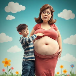A dramatic scene depicting a thin boy, around 12 years old, with a distressed expression, playfully punching his fat mother's belly