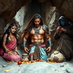 A wide shot of a stony cave, framed from a low angle with legs up, showcasing a muscular Indian warrior man with curves in the center