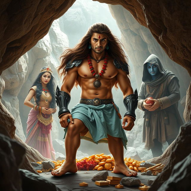 A wide shot of a stony cave, framed from a low angle with legs up, showcasing a muscular Indian warrior man with curves in the center