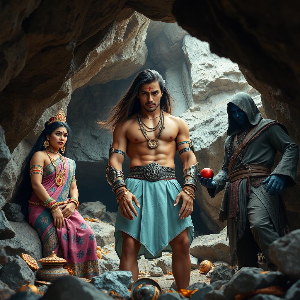 A wide shot of a stony cave, framed from a low angle with legs up, showcasing a muscular Indian warrior man with curves in the center