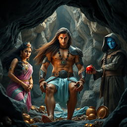 A wide shot of a stony cave, framed from a low angle with legs up, showcasing a muscular Indian warrior man with curves in the center