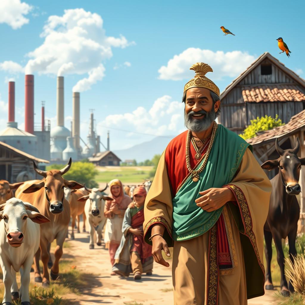 A wealthy merchant with a kind face, wearing beautiful traditional royal attire, strolling through a vibrant rural village accompanied by his family