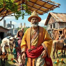 A wealthy merchant with a kind face, wearing beautiful traditional royal attire, strolling through a vibrant rural village accompanied by his family