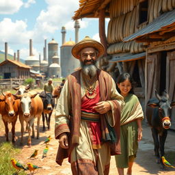 A wealthy merchant with a kind face, wearing beautiful traditional royal attire, strolling through a vibrant rural village accompanied by his family