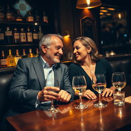 A cozy, upscale bar scene featuring an affluent older man and a younger woman sitting together at a dimly lit table, both enjoying a glass of wine