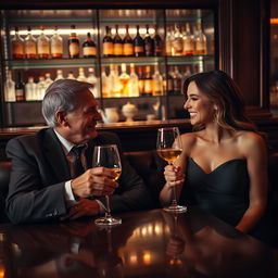 A cozy, upscale bar scene featuring an affluent older man and a younger woman sitting together at a dimly lit table, both enjoying a glass of wine