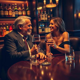 A cozy, upscale bar scene featuring an affluent older man and a younger woman sitting together at a dimly lit table, both enjoying a glass of wine
