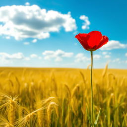 A vibrant and picturesque scene of a lone flower blooming in a vast, sunlit field