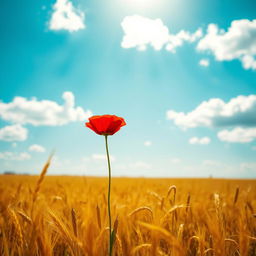 A vibrant and picturesque scene of a lone flower blooming in a vast, sunlit field