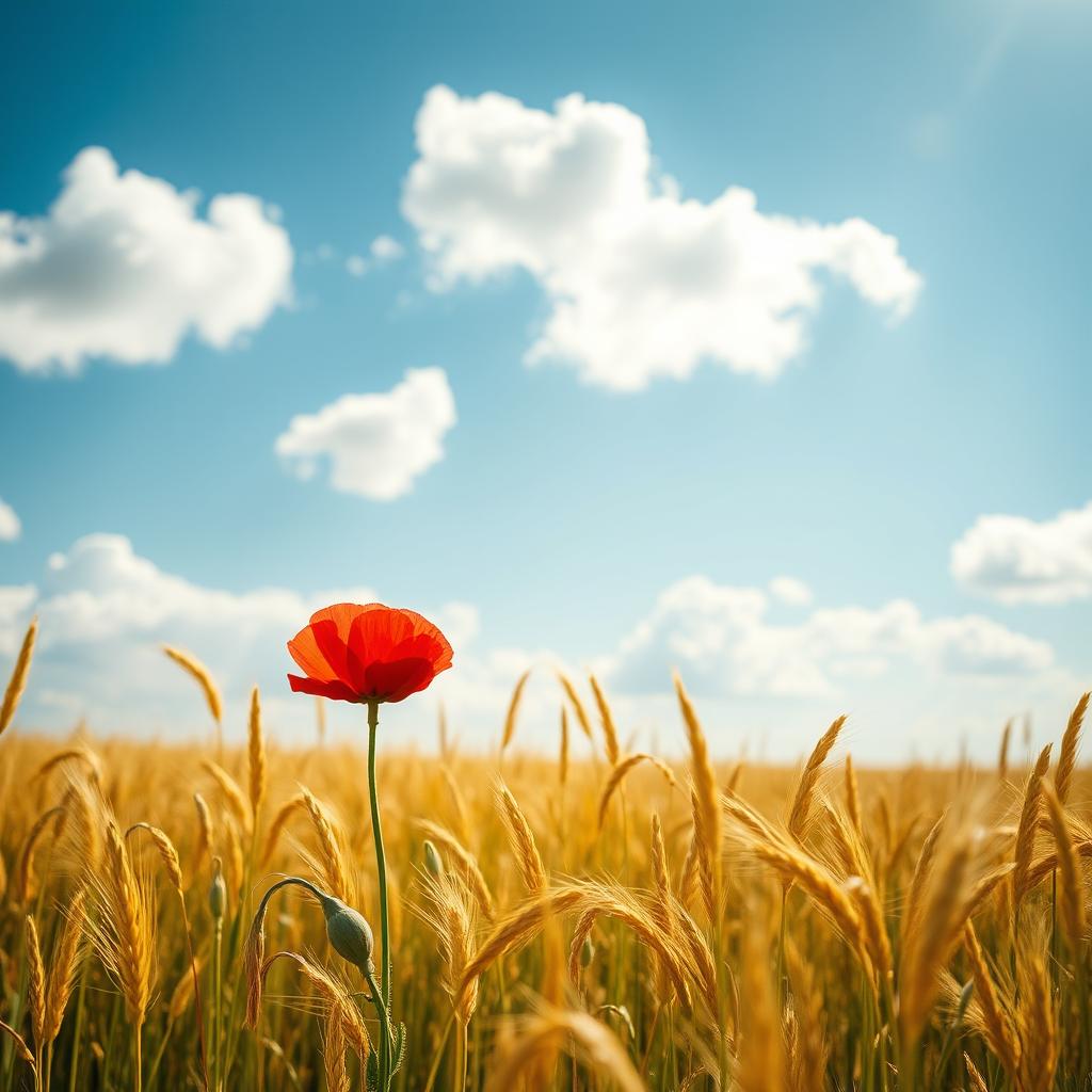 A vibrant and picturesque scene of a lone flower blooming in a vast, sunlit field