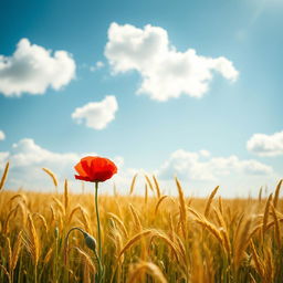 A vibrant and picturesque scene of a lone flower blooming in a vast, sunlit field