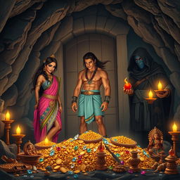 A high-resolution wide shot of a stony cave, illuminated by beautiful oil lamps