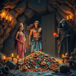 A high-resolution wide shot of a stony cave, illuminated by beautiful oil lamps
