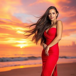 A beautiful woman with long flowing hair wearing a stunning red dress, standing confidently in a glamorous pose