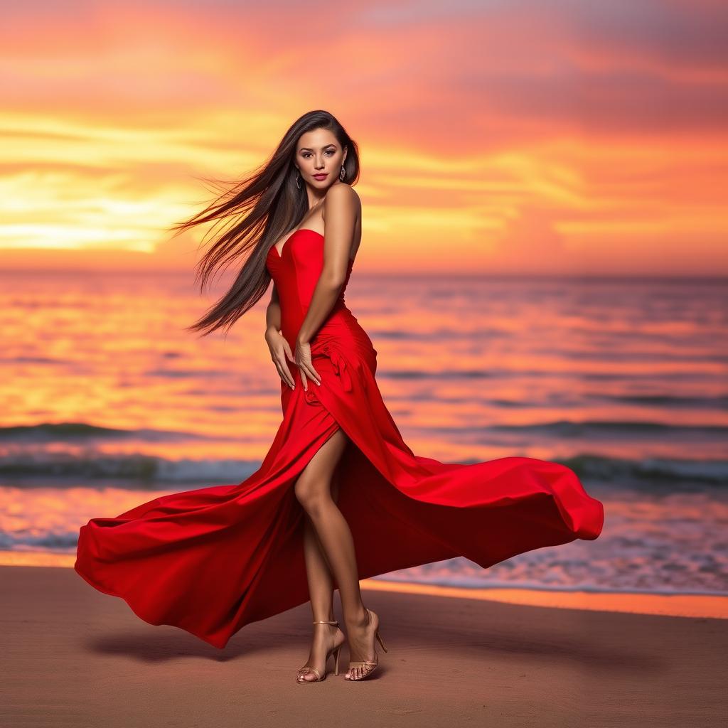 A beautiful woman with long flowing hair wearing a stunning red dress, standing confidently in a glamorous pose