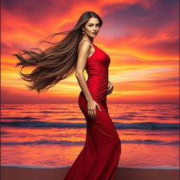 A beautiful woman with long flowing hair wearing a stunning red dress, standing confidently in a glamorous pose