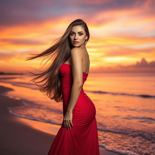 A beautiful woman with long flowing hair wearing a stunning red dress, standing confidently in a glamorous pose