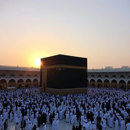 A stunning view of the Kaaba in Mecca, Saudi Arabia, surrounded by black and white marble structures, with worshippers in traditional white Ihram garments performing Tawaf