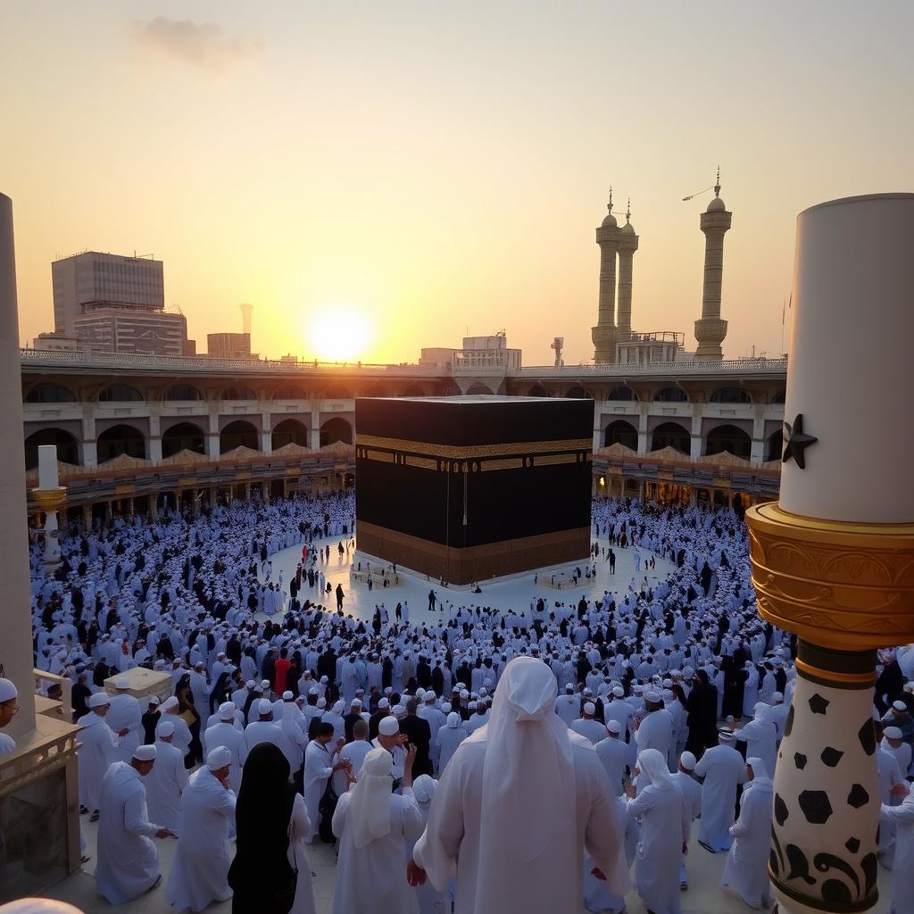 A stunning view of the Kaaba in Mecca, Saudi Arabia, surrounded by black and white marble structures, with worshippers in traditional white Ihram garments performing Tawaf