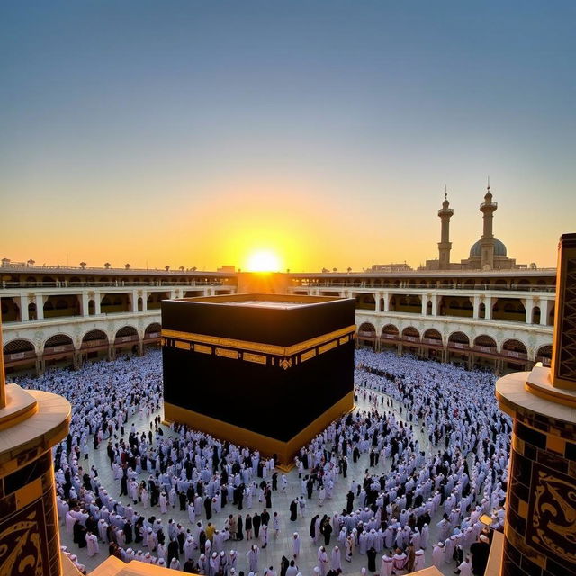 A stunning view of the Kaaba in Mecca, Saudi Arabia, surrounded by black and white marble structures, with worshippers in traditional white Ihram garments performing Tawaf