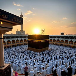 A stunning view of the Kaaba in Mecca, Saudi Arabia, surrounded by black and white marble structures, with worshippers in traditional white Ihram garments performing Tawaf