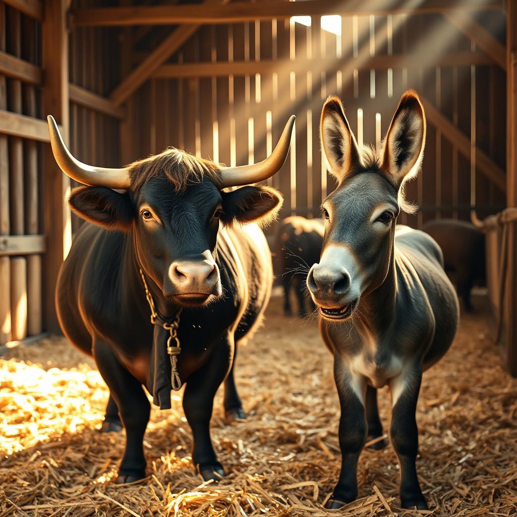 Inside a spacious barn, a robust and healthy bull with a shiny coat and a cheerful donkey with a friendly demeanor are tied next to each other