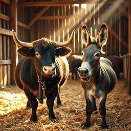 Inside a spacious barn, a robust and healthy bull with a shiny coat and a cheerful donkey with a friendly demeanor are tied next to each other