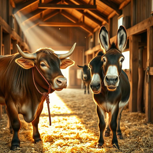 Inside a spacious barn, a robust and healthy bull with a shiny coat and a cheerful donkey with a friendly demeanor are tied next to each other