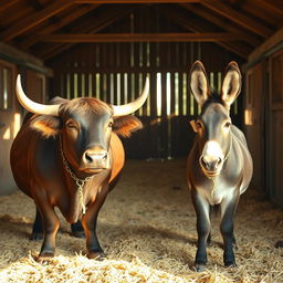 Inside a spacious barn, a robust and healthy bull with a shiny coat and a cheerful donkey with a friendly demeanor are tied next to each other