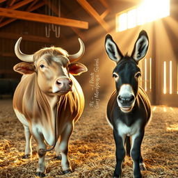 Inside a spacious barn, a robust and healthy bull with a shiny coat and a cheerful donkey with a friendly demeanor are tied next to each other