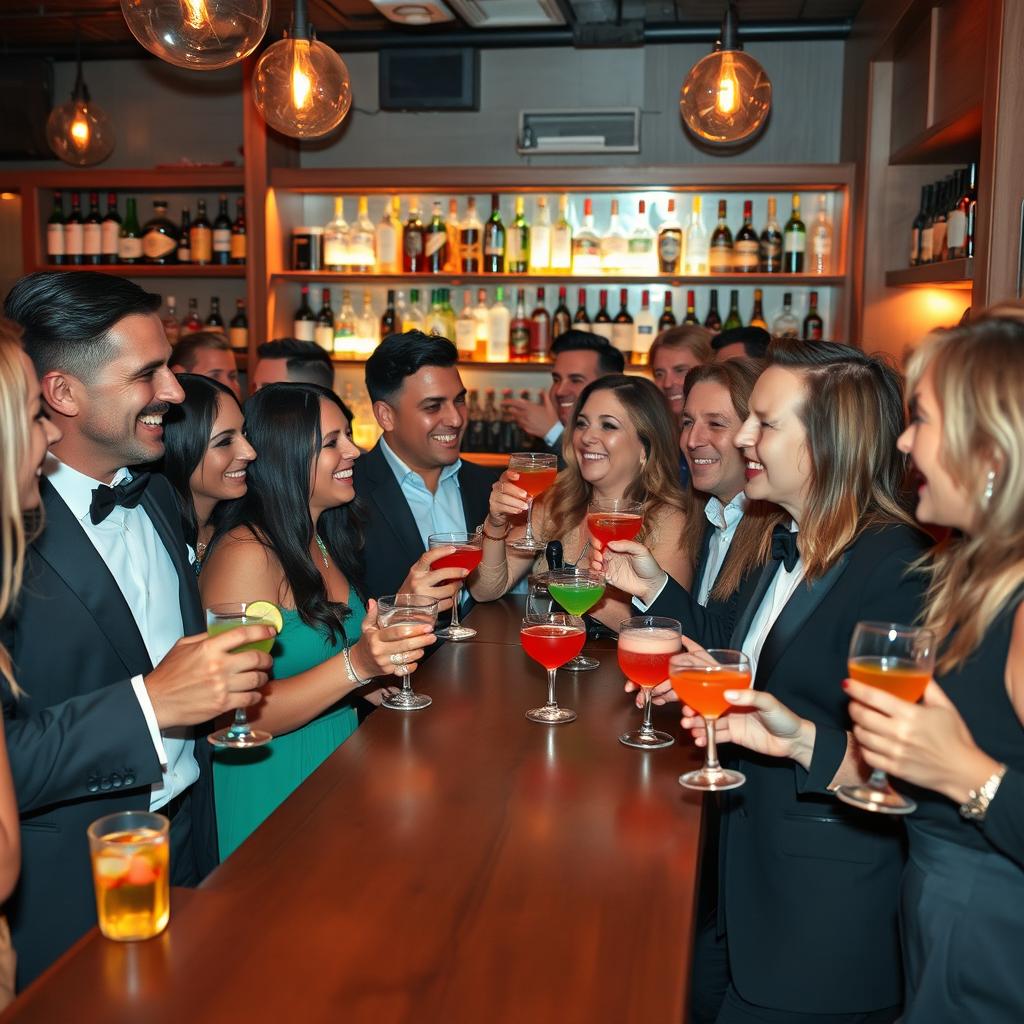 A lively bar scene featuring a diverse group of men and women socializing and enjoying drinks