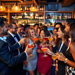 A lively bar scene featuring a diverse group of men and women socializing and enjoying drinks