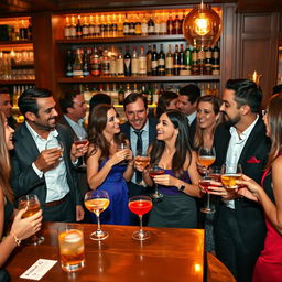A lively bar scene featuring a diverse group of men and women socializing and enjoying drinks