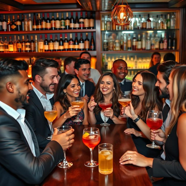 A lively bar scene featuring a diverse group of men and women socializing and enjoying drinks