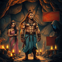 In a stony cave illuminated by oil lamps, a high-resolution wide shot captures the scene