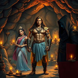 In a stony cave illuminated by oil lamps, a high-resolution wide shot captures the scene