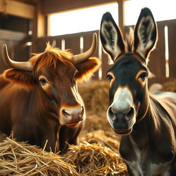 A tired yet contemplative bull speaking to a relaxed, content donkey in a rustic barn filled with fresh hay