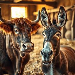 A tired yet contemplative bull speaking to a relaxed, content donkey in a rustic barn filled with fresh hay