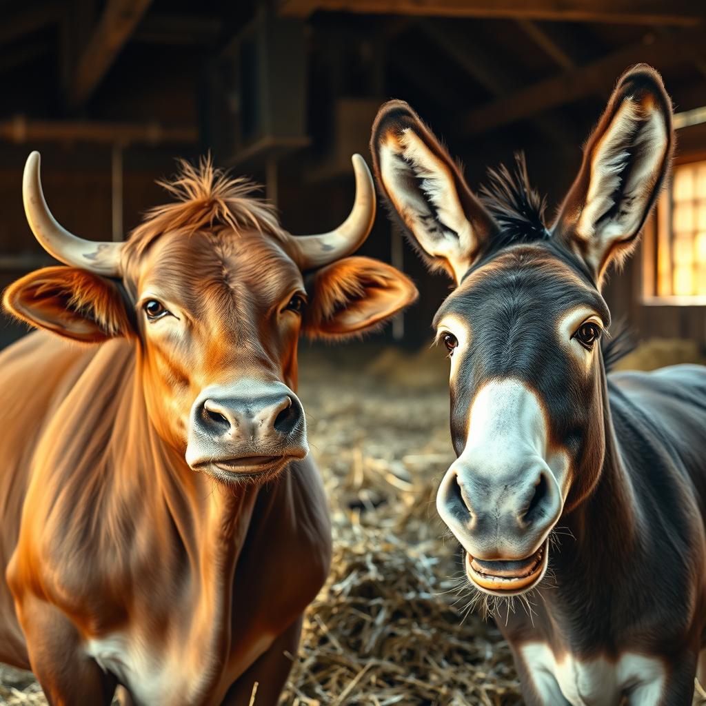 A tired yet contemplative bull speaking to a relaxed, content donkey in a rustic barn filled with fresh hay