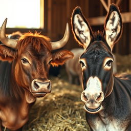 A tired yet contemplative bull speaking to a relaxed, content donkey in a rustic barn filled with fresh hay