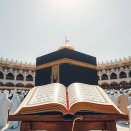 A beautiful scene featuring the Kaaba in Mecca, Saudi Arabia, prominently positioned in the foreground