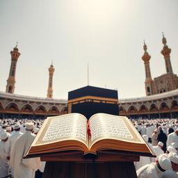 A beautiful scene featuring the Kaaba in Mecca, Saudi Arabia, prominently positioned in the foreground